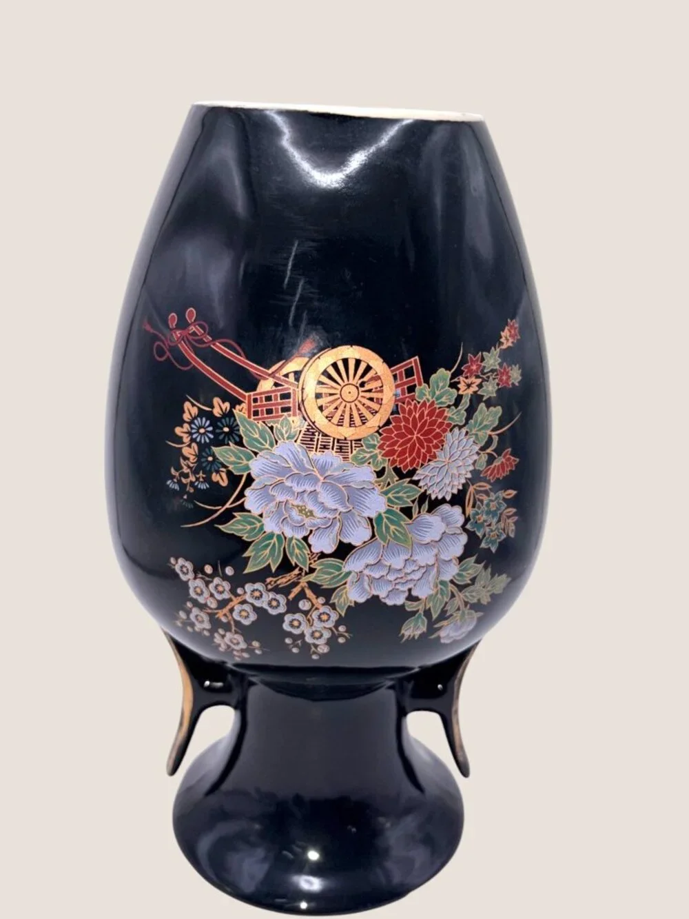 Vintage Black Japanese Floral Porcelain Vase Double Handle Gold Trim 10.5
